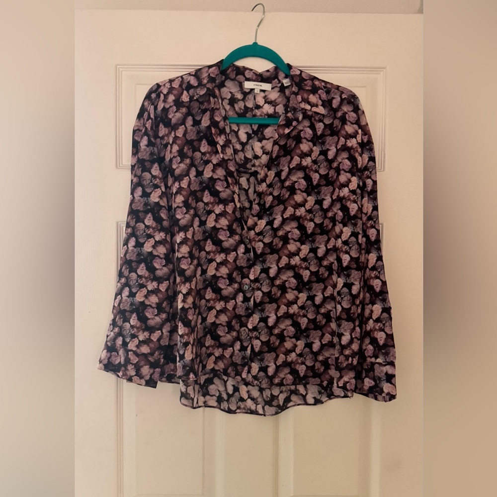 Vince Women's Black and Pink Floral Blouse